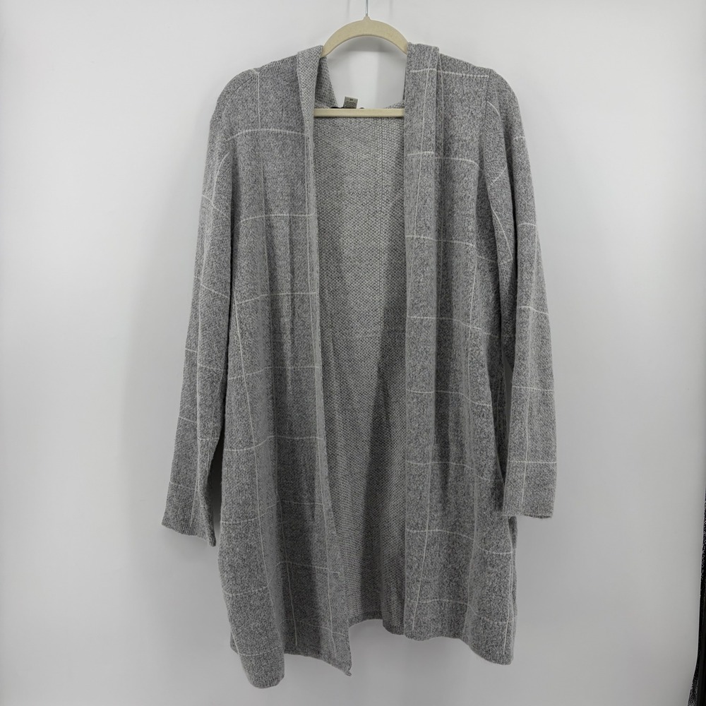 By Design Womens 2X Grey Plaid Hooded Open Front Longline Cardigan Sweater